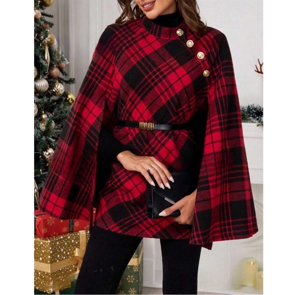Red Plaid Holiday Cloak Sleeve Gold Button Cape - Picture 3 of 4